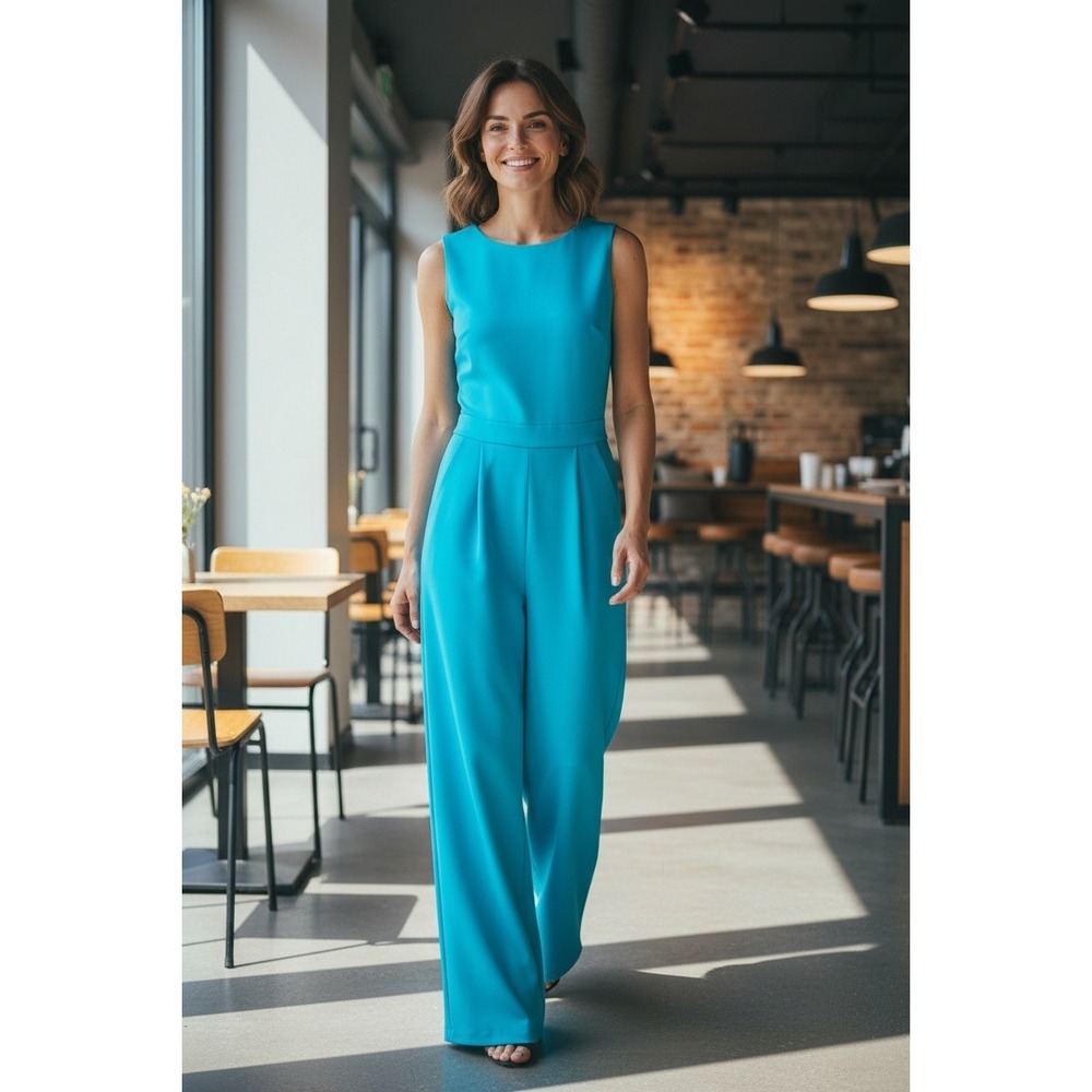 Antonio Melani Crew Neck Sleeveless Wide Leg Jumpsuit Romper Bright Blue Size 6